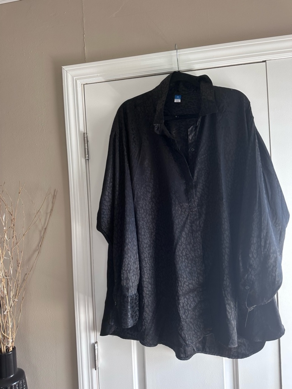 Black Leopard Satin Button-Down Shirt